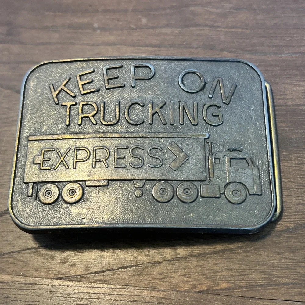 Vintage 70s Keep on Trucking Express Semi Truck Belt Buckle Brass 3x2.25